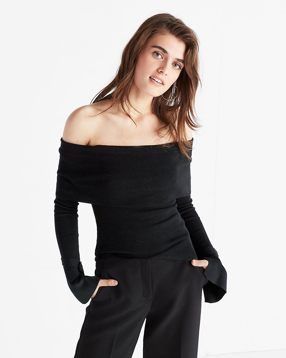 Flare Sleeve Off the Shoulder Striped Black Sweater